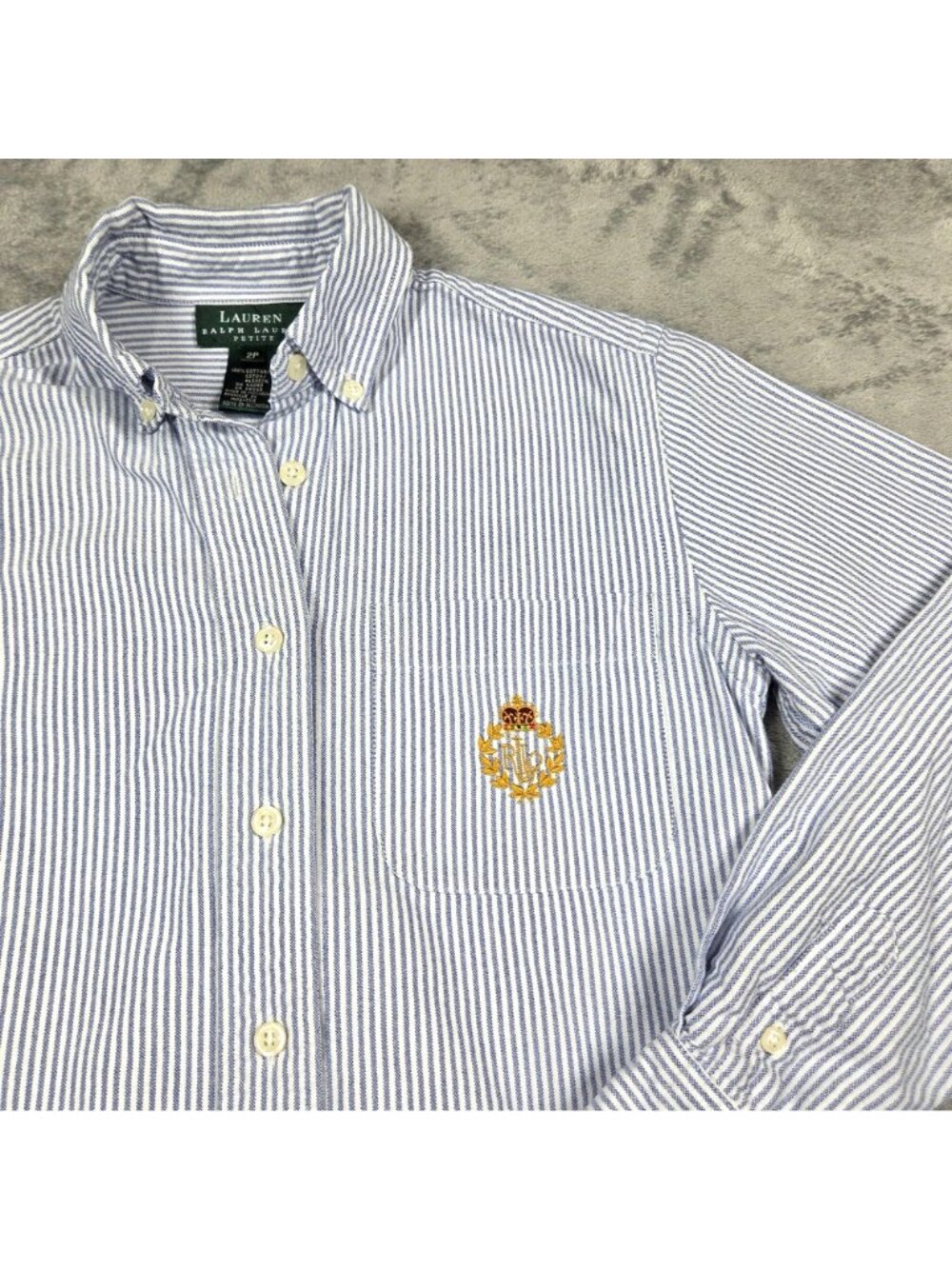 Vintage Lauren Ralph Lauren Top 2 Petite Blue Stripe Crest Logo Oxford Button Up - Picture 4 of 7